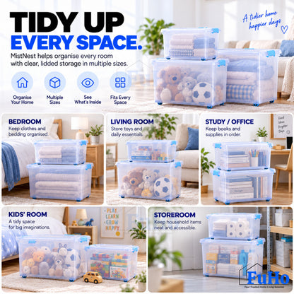 Fuho MistNest Large Plastic Storage Box with Lid & Wheels | Stackable Container | Toy Storage Organiser | HL0358