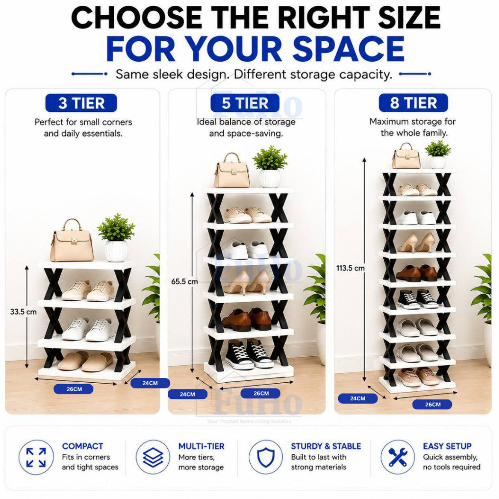 FuHo CornerStack Vertical Shoe Rack | 3/5/8 Tier Stackable Space Saving Shoe Organizer | Storage Rack | (HL0355)