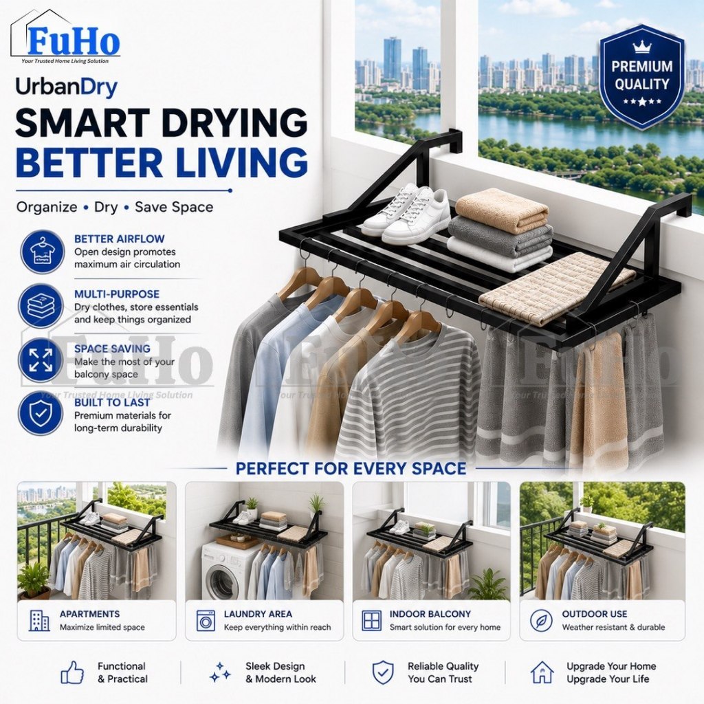 Fuho Premium Balcony Drying Rack | Clothes Rack | Clothes Hanger | Balcony Drying Rack | (HL0354)