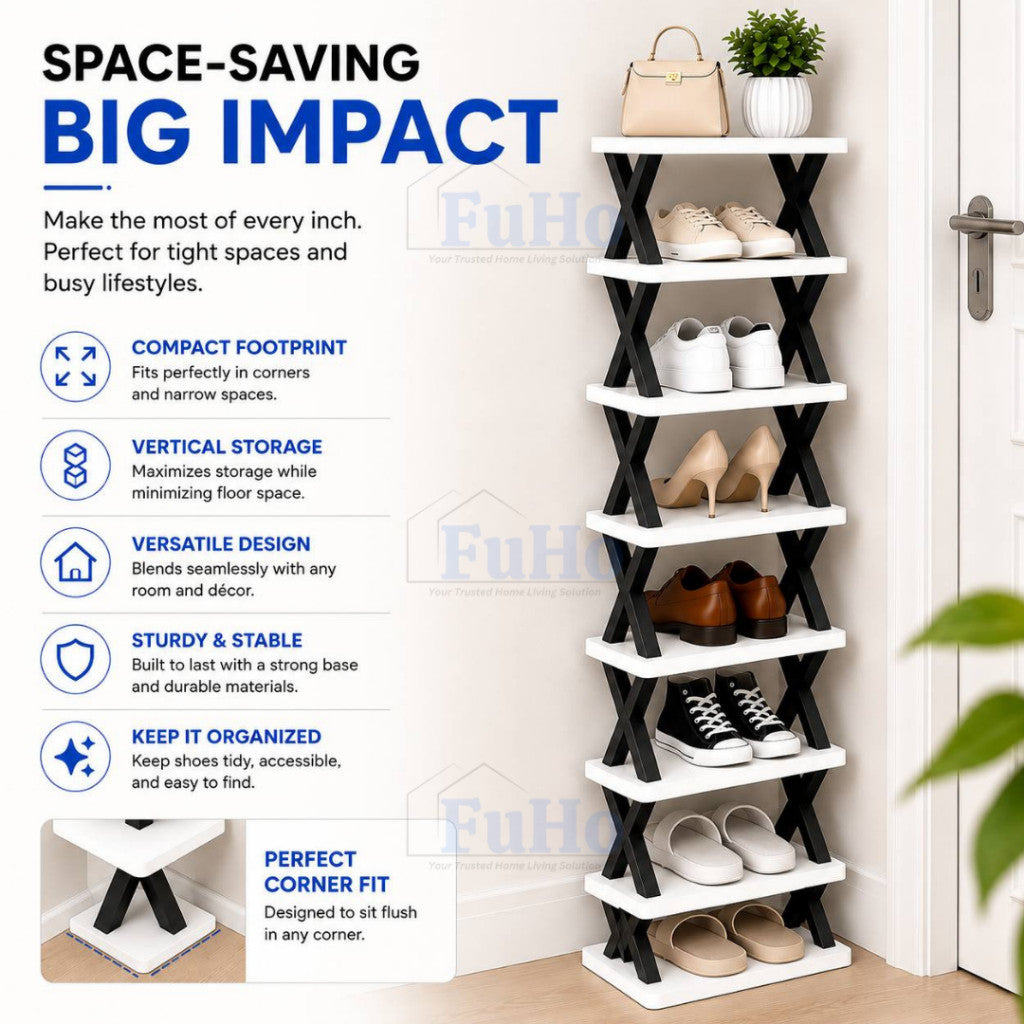 FuHo CornerStack Vertical Shoe Rack | 3/5/8 Tier Stackable Space Saving Shoe Organizer | Storage Rack | (HL0355)
