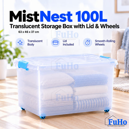 Fuho MistNest Large Plastic Storage Box with Lid & Wheels | Stackable Container | Toy Storage Organiser | HL0358