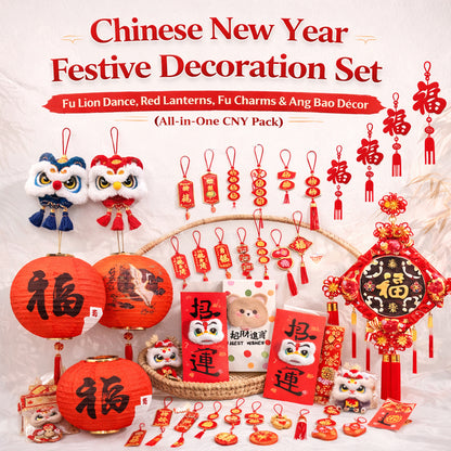 Chinese New Year Festive Decoration Set | Fu Lion Dance | Red Lanterns | Fu Charms | Ang Bao | CNY Decoration